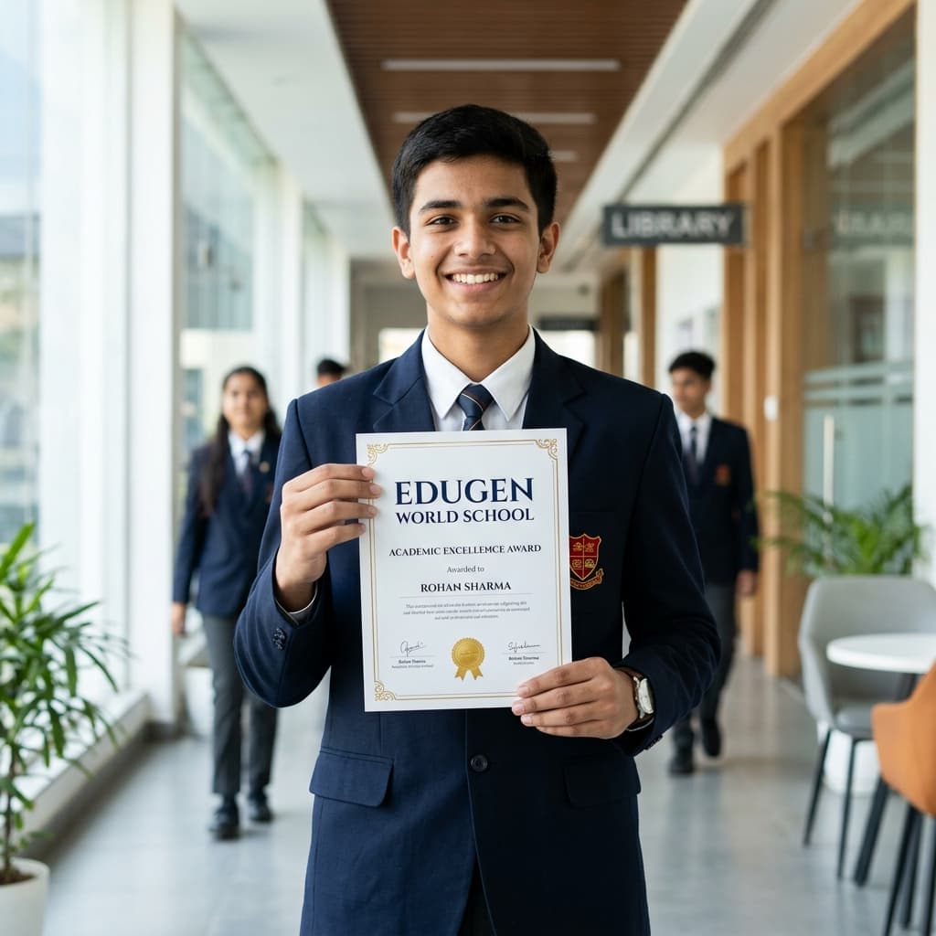 Proud student holding academic award
